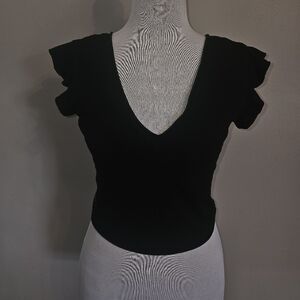 FP Movement by Free People Black V-Neck Ruffle Sleeve Crop Top